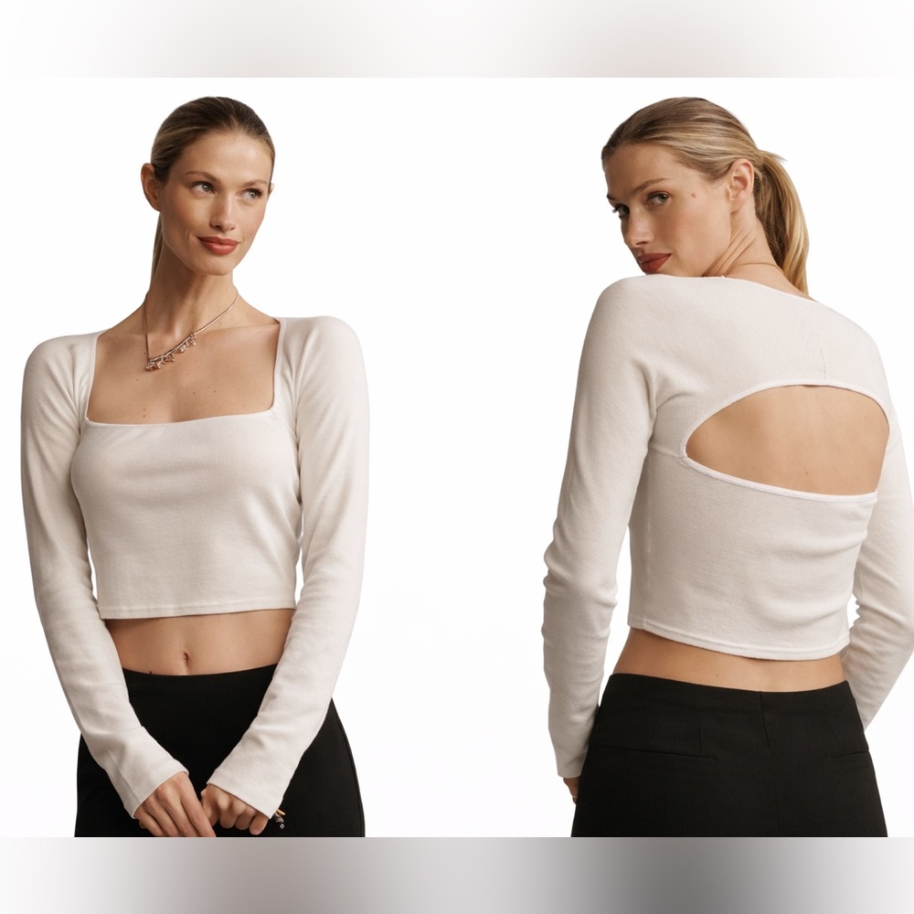Anthropologie White Long Sleeve Cut Out Cropped Long‎ Sleeve Tee